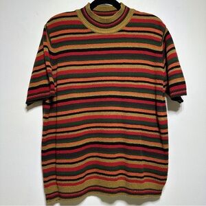 Striped Knit Short Sleeve Sweater Multicolor Mock Neck Top Size L